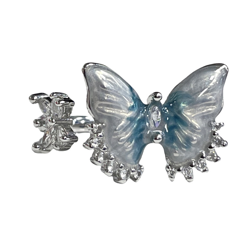 Summer ice blue butterfly, fresh, sweet and cool open ring, women's bow, pearl, light luxury, cold style, niche ring Item Picture