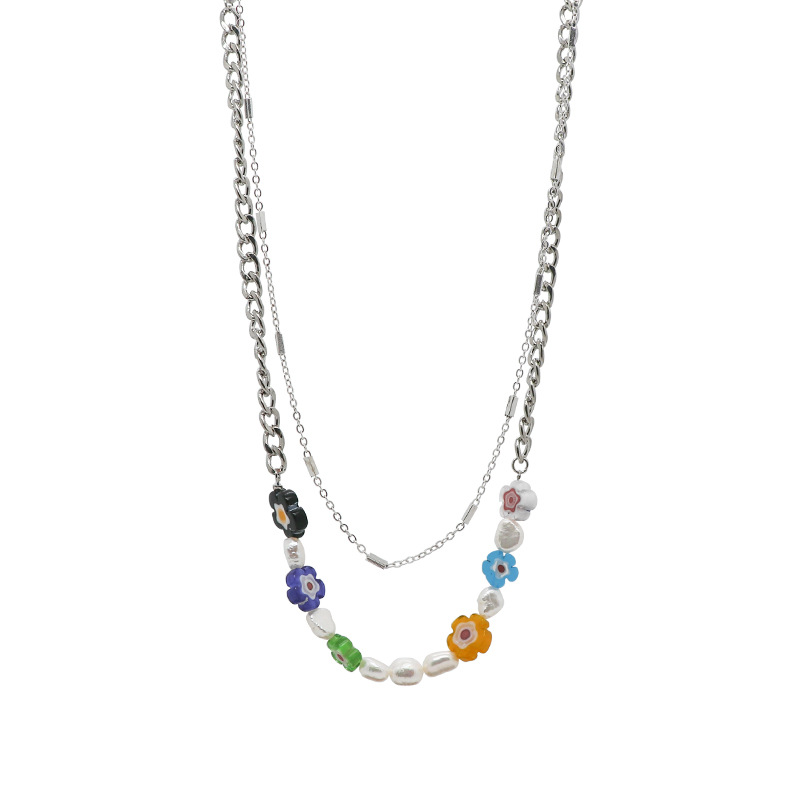 Colorful small flower pearl necklace, sweet and cool hip-hop hot girl collarbone chain, double-layer niche design sense, personalized hoodie chain Item Picture