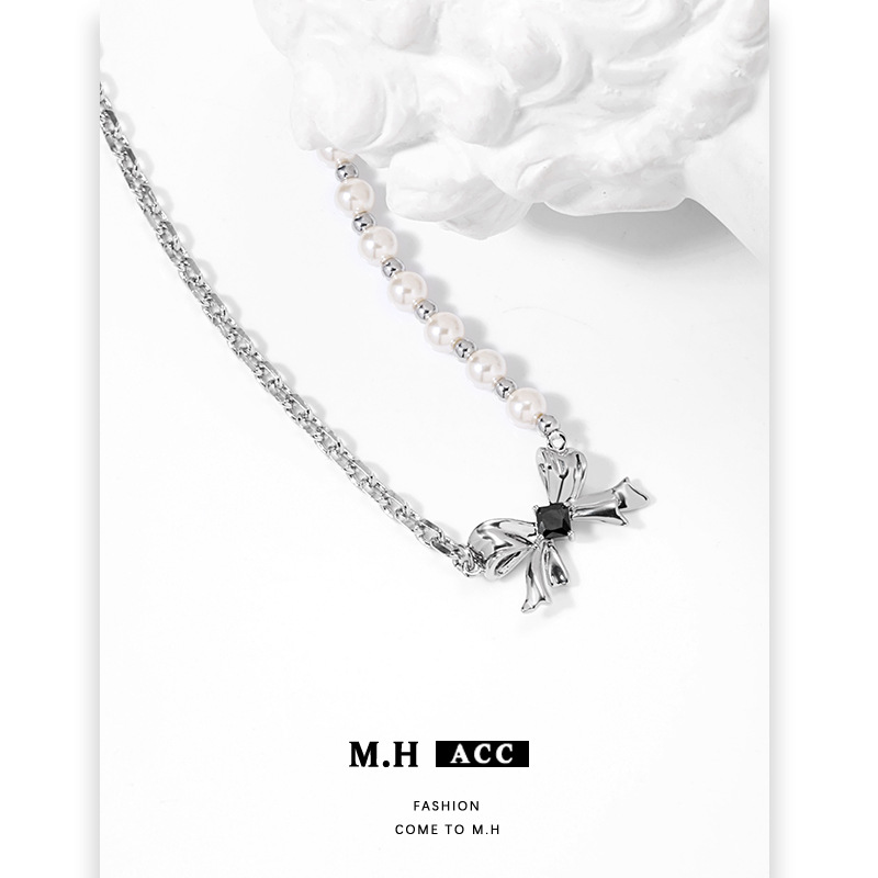 Black and white bow pearl necklace accessory for women, simple and ins style, versatile collarbone chain, fashionable and elegant pendant wholesale Specification drawing