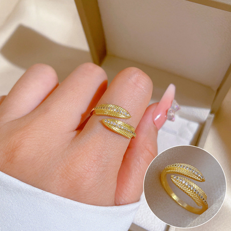 【 Real gold electroplating 】 Open leaf women's fashion slightly inlaid light luxury ring index finger ring, the same style as Internet celebrities, cold style full figure