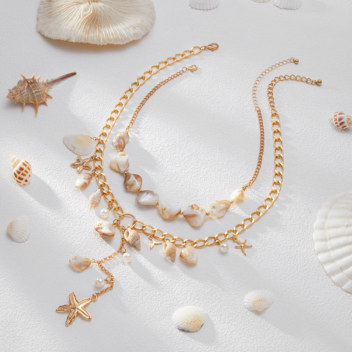 European and American cross-border jewelry, vacation style pearl conch shell niche necklace, beach and ocean style alloy collarbone chain Specification drawing