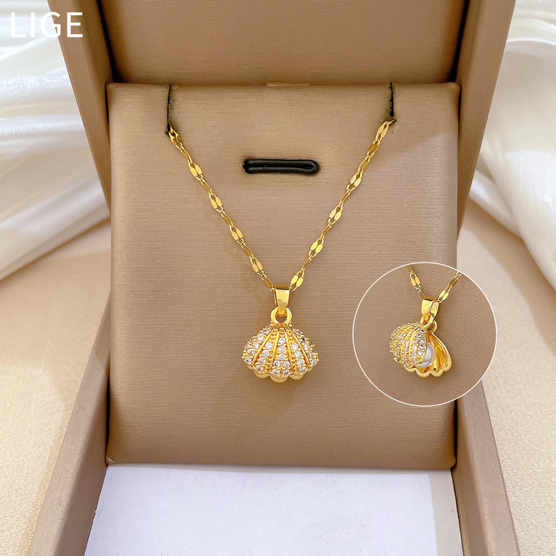 【 Titanium Steel 】 Shell pearl necklace for women, fashionable and fresh collarbone chain, slightly inlaid zircon, simple couple collarbone Specification drawing