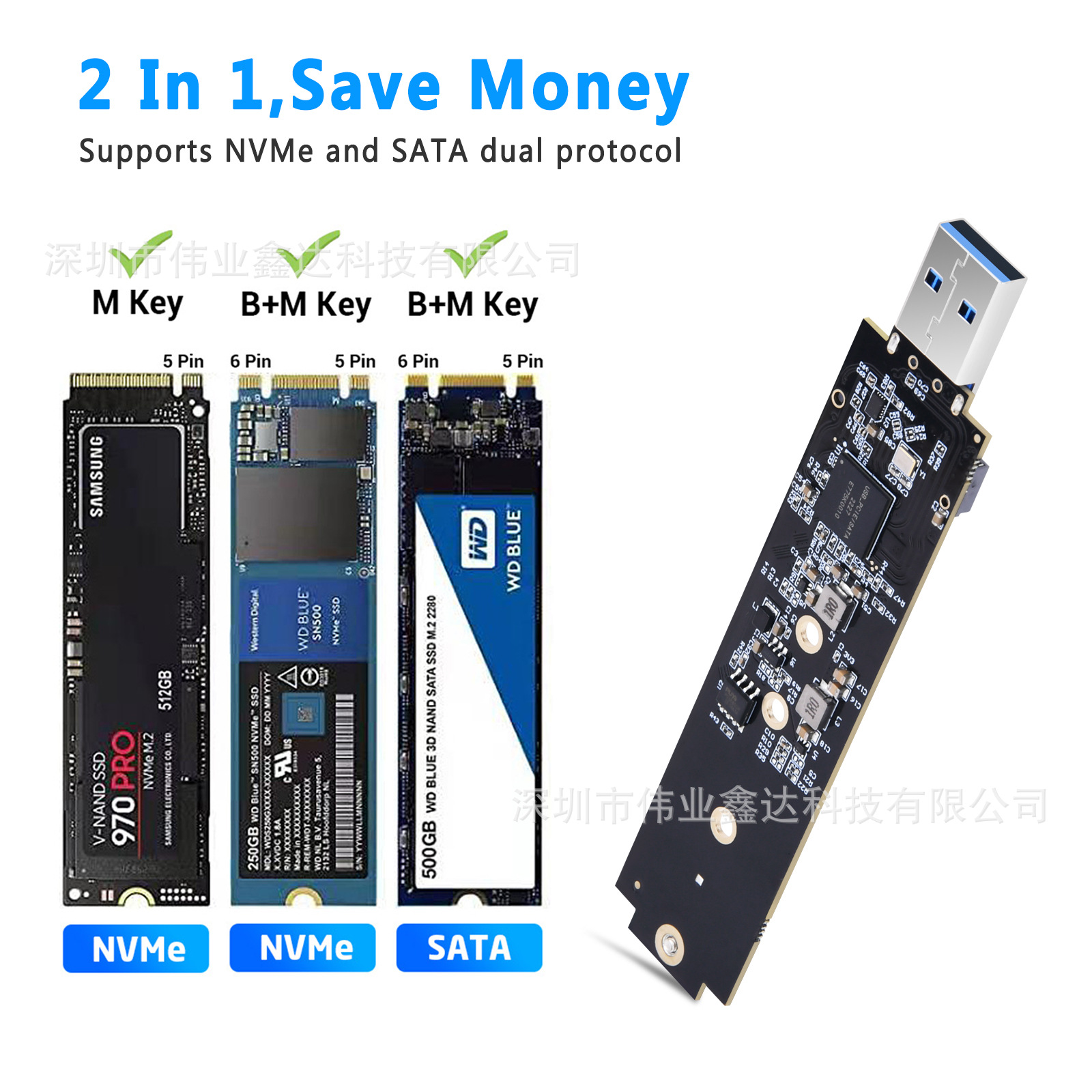 M.2 NVMe PCIe to USB3.2 Gen2 Type A M.2 through-hole adapter board full figure
