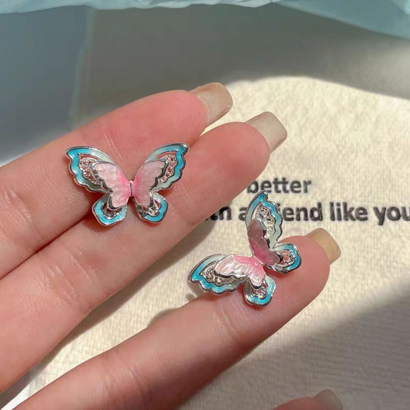 Pink Butterfly Blue Dream ~ Sweet and Stylish Oil-Dripping Hollowed-out Butterfly Stud Earrings for Women 2025 Summer, a new, unique and versatile ear accessory Specification drawing