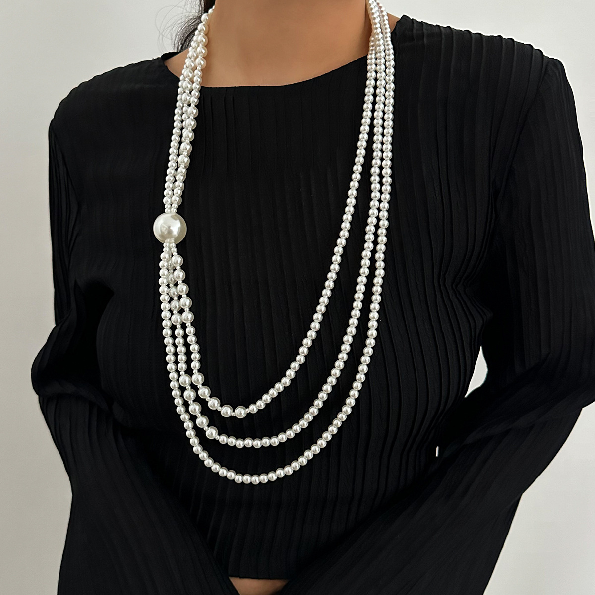 European and American cross-border jewelry, Baroque geometric pearl beaded collarbone chain, retro tassel multi-layer long necklace Specification drawing