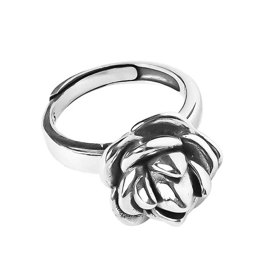 European and American exaggerated large flower ring for women, 925 silver peony flower open ring, retro aged and cold style index finger ring Item Picture
