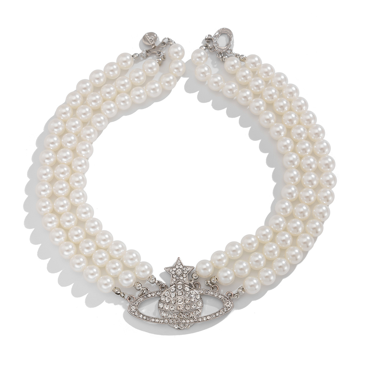European and American cross-border jewelry, cold style multi-layer imitation pearl collarbone chain, five-pointed star diamond-encrusted alloy collarbone chain for women Item Picture