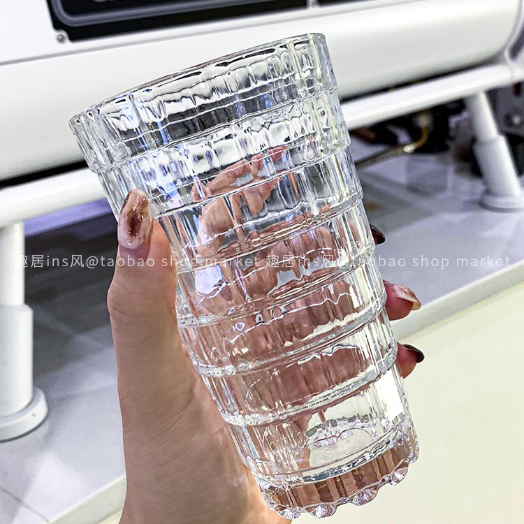 Creative high appearance level engraved stacked cup, home living room latte coffee glass cup, condensed ice American cold drink cup full figure