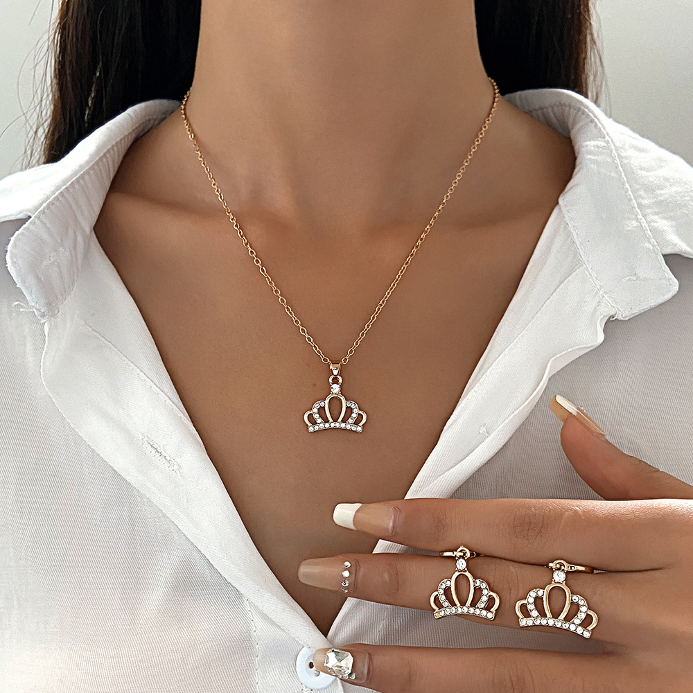 Cross-border best-selling jewelry set from Europe and America: Women's personalized diamond-encrusted alloy crown butterfly necklace and earrings set, trendy on Instagram details Picture