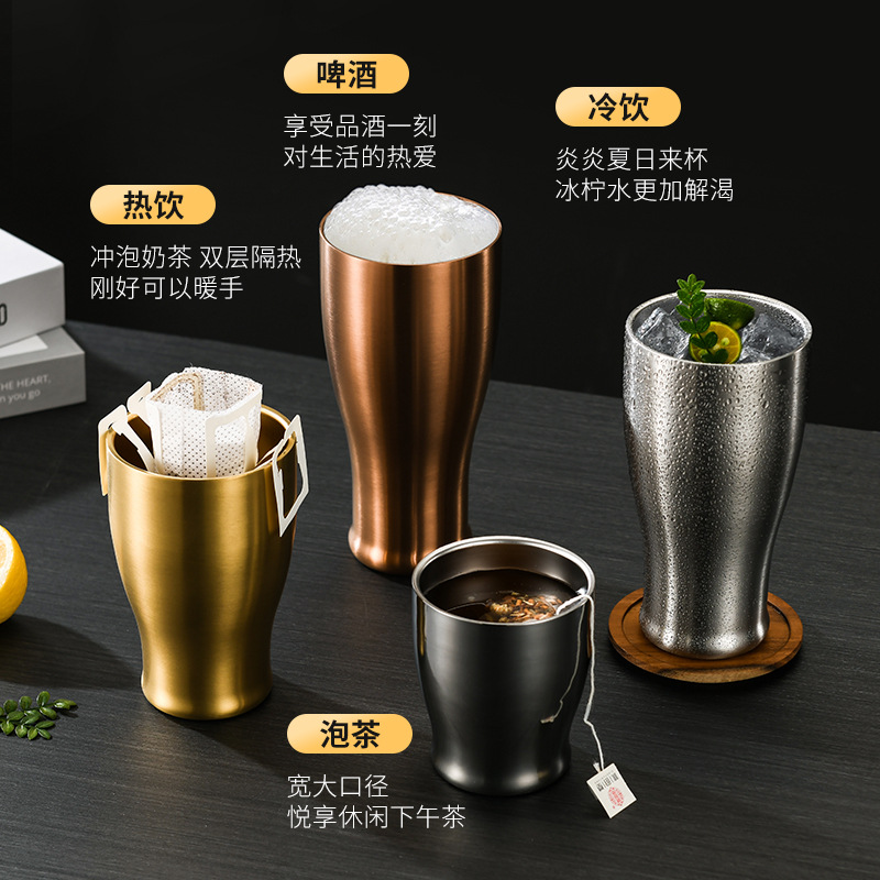 304 stainless steel double-layer water cup, Korean beer mug, coffee cup, children's cup, restaurant golden beverage cup details Picture