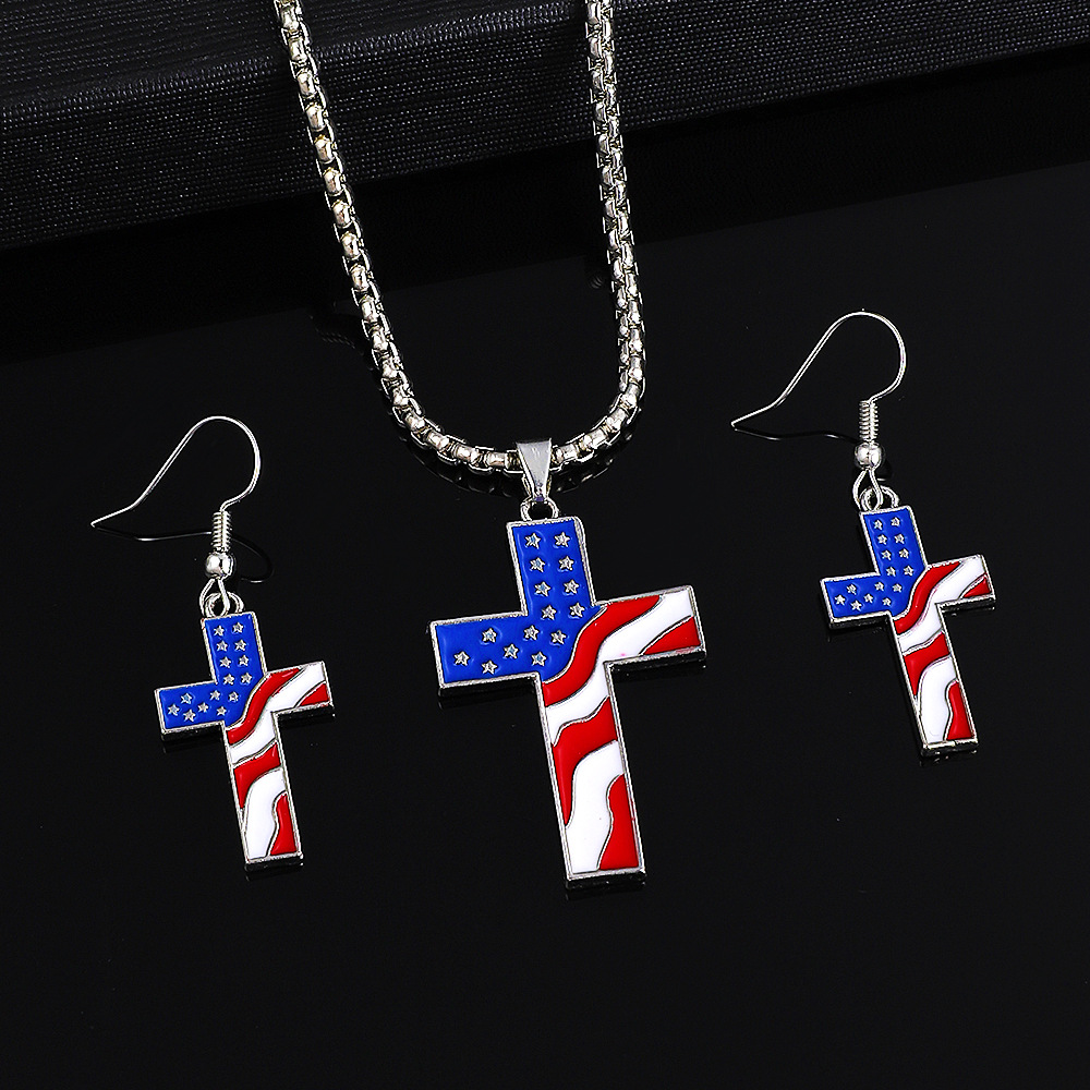 New American Independence Day jewelry set, European and American ins style Stars, Stripes, cross pendant, necklace and earrings set Specification drawing
