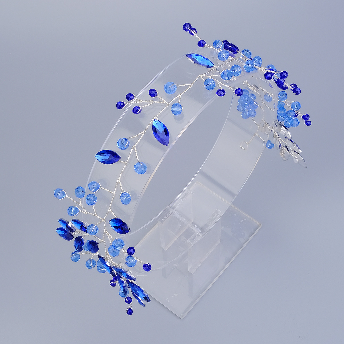New blue rhinestone bridal headband from Europe and America, hand-beaded wedding headwear, beautiful updo hair accessory, crystal headband Specification drawing