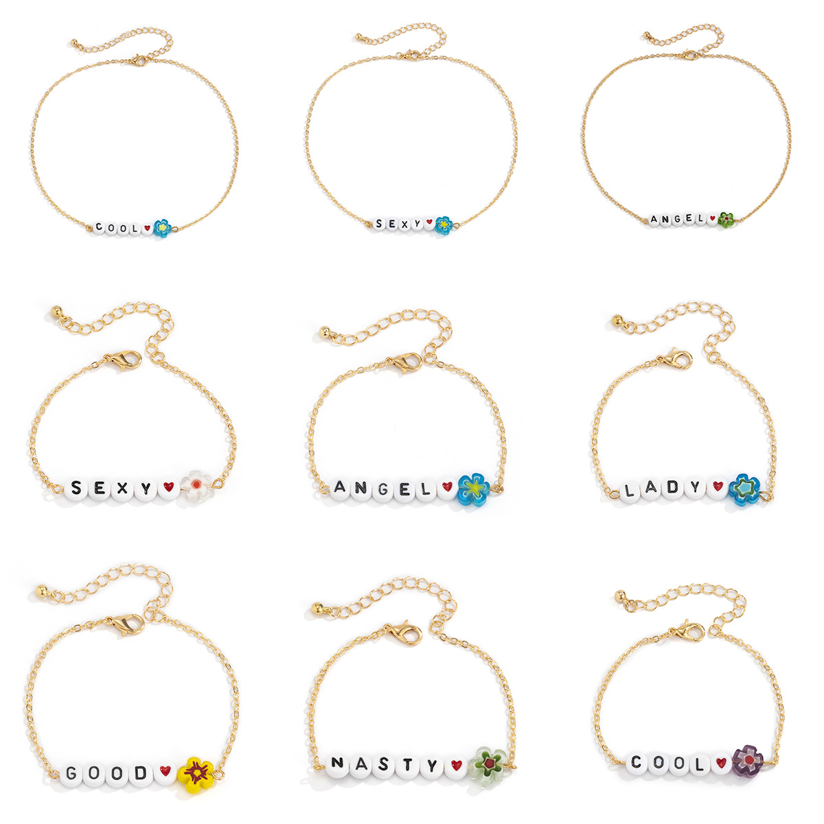 Fashionable and simple acrylic glass small flower necklace, European and American country style colorful beaded collarbone chain bracelet set Item Picture
