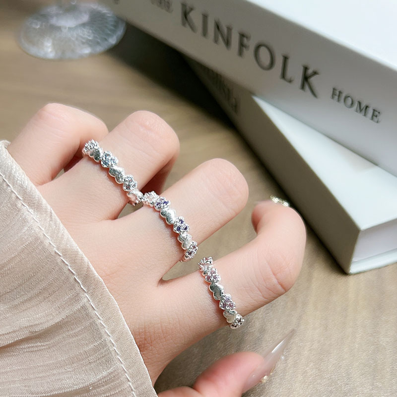 Exquisite zircon heart brushed silver-plated open ring for women, a niche, light luxury and high-end retro layered ring details Picture
