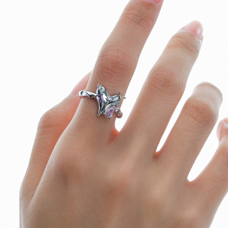 The color-blocked crystal zircon heart-shaped opening adjustable ring for women's ins, with a niche design sense, is a new trend in 2022 Specification drawing