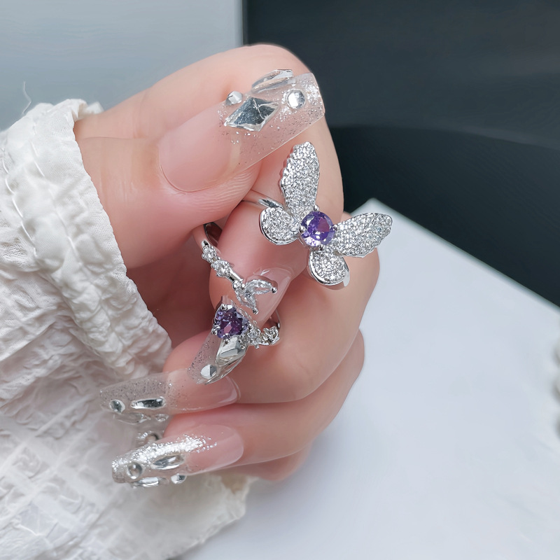 The new Korean version of the Phantom purple diamond butterfly opening ring is a light luxury, high-end, sweet, cool, fashionable and exquisite layered ring for women full figure