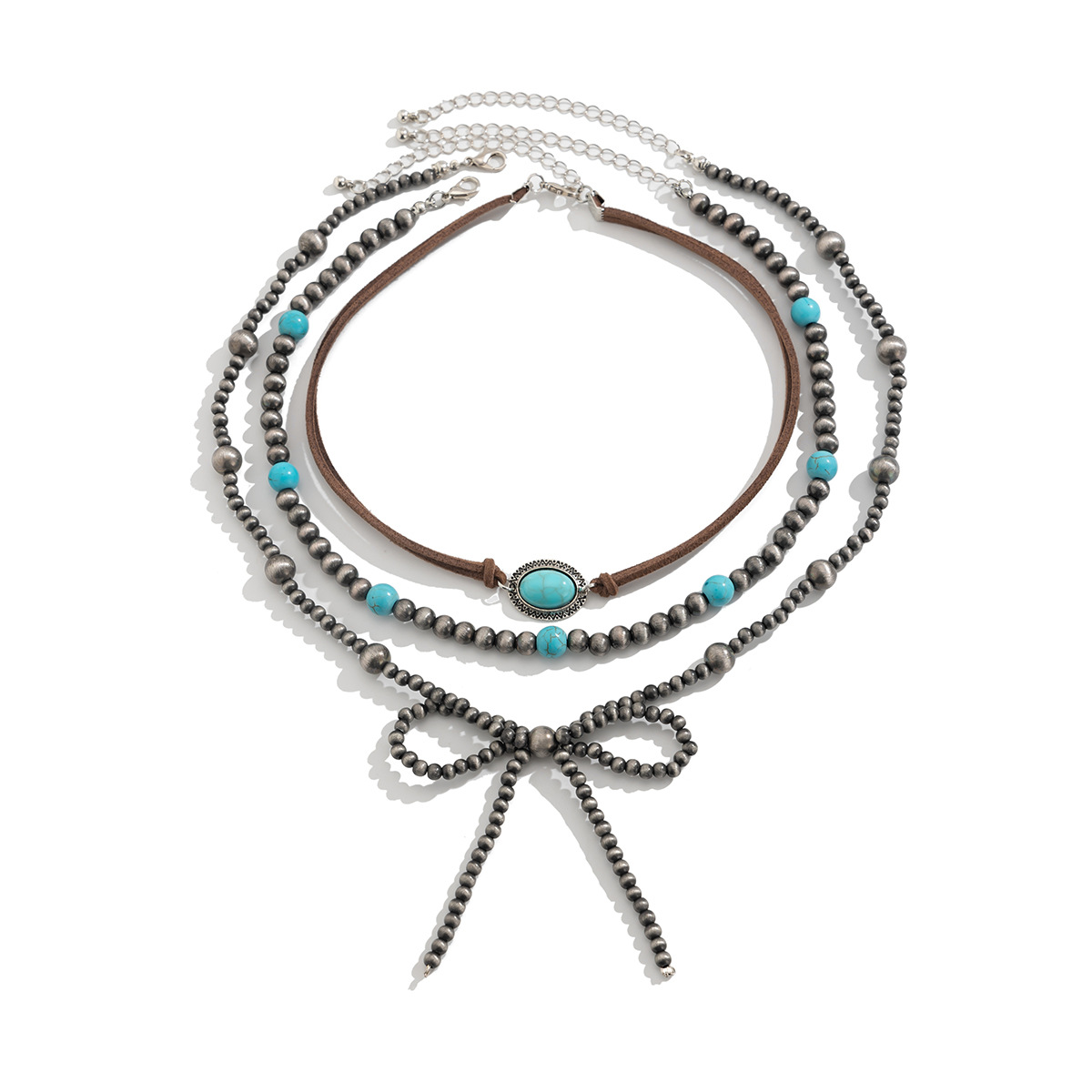 European and American cross-border accessories, Bohemian bow beaded necklace, turquoise Western cowboy collarbone chain set Item Picture