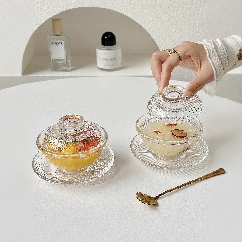 Bird's nest bowl, silver ear fungus small stew pot, glass transparent and exquisite home Chinese-style afternoon tea bowl and plate set with lid, dessert bowl Application Scenario