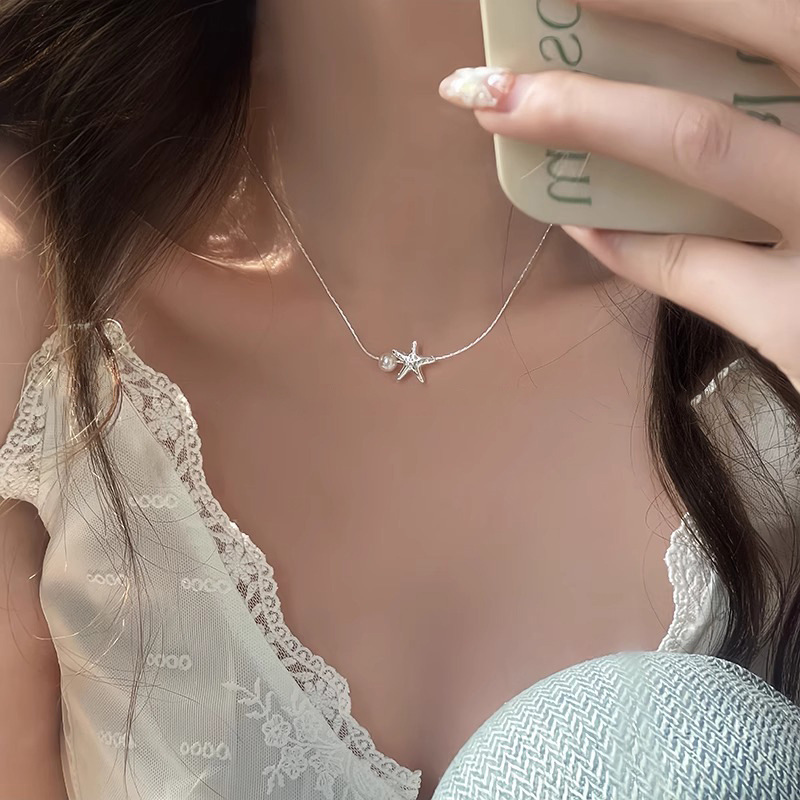 Summer beach silver starfish necklace for women, light luxury, niche and simple style, pearl collarbone, internet-famous necklace wholesale Specification drawing