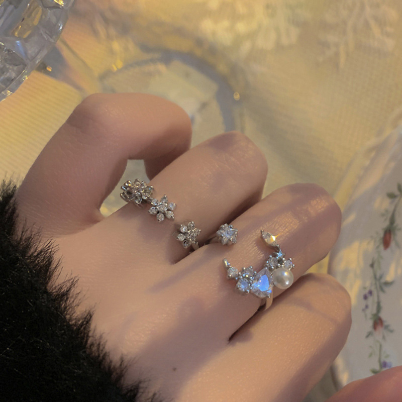 Exquisite moon-shaped flower full diamond zircon open ring, a high-end, light luxury, ins niche fashion and individuality ring for women full figure