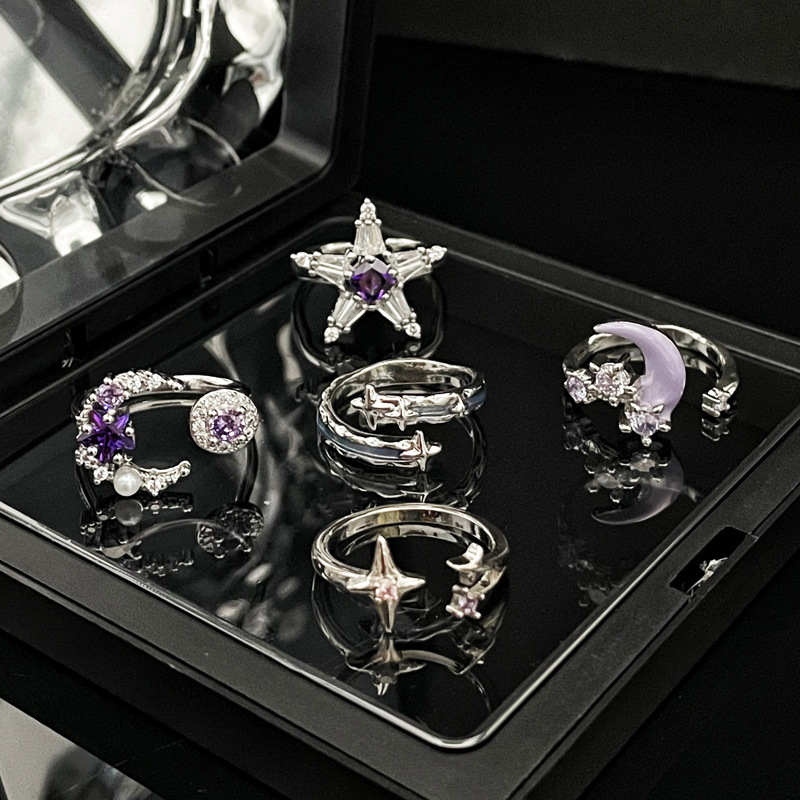 New purple diamond star and moon open ring for women on Instagram, cool and cool style, sweet and hot girl, fashionable and individual index finger ring trend full figure