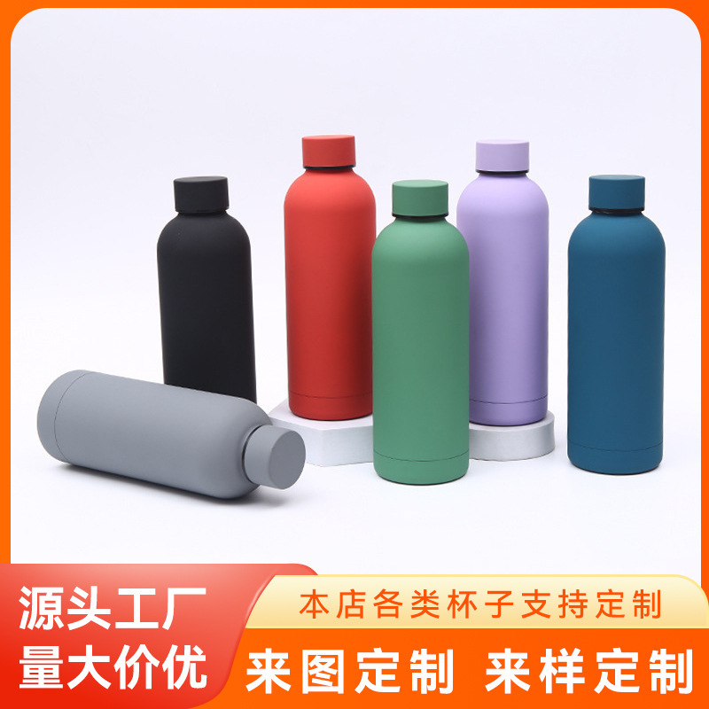 Cross-border 304 stainless steel vacuum small-mouth bottle, solid-color portable insulated cup, large-capacity rubber paint sports water cup full figure