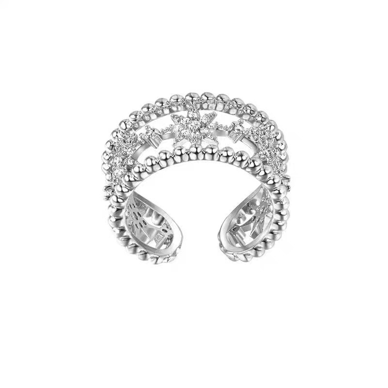 Hexagonal star open ring, a fashionable, individualistic and light luxury zircon index finger ring with full diamonds, an ins niche and high-end ring Item Picture