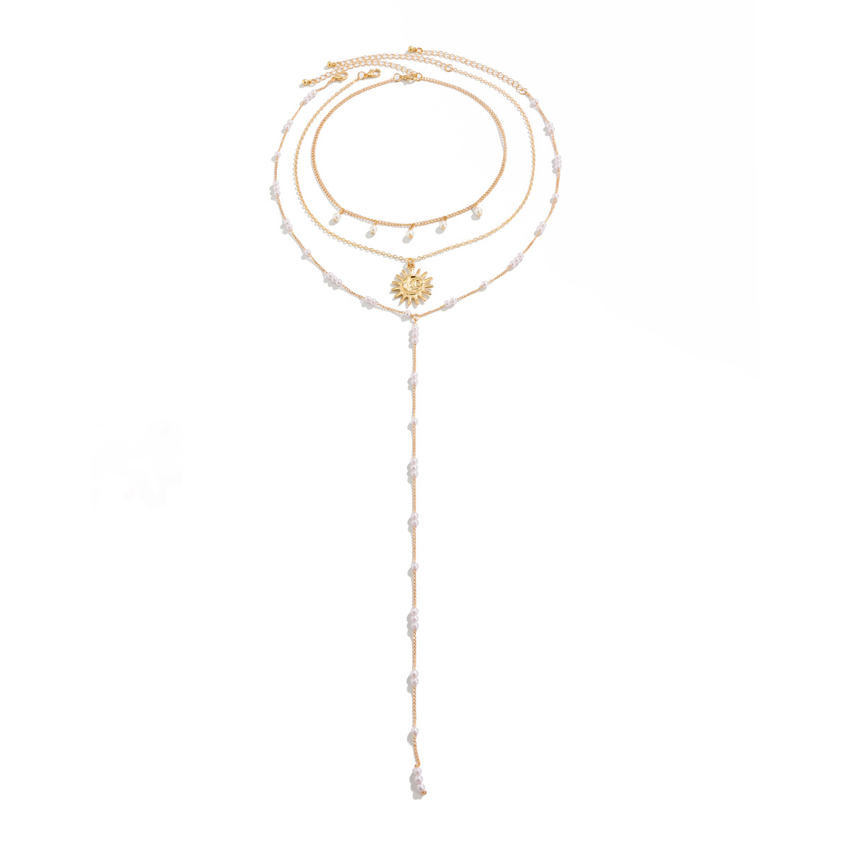 European and American cross-border jewelry ins Sun alloy pendant collarbone chain French style pearl beaded long necklace Item Picture