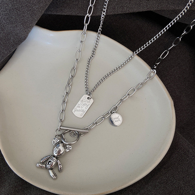 Sweet and cool bear double-layer silver long sweater chain, women's light luxury and niche design sense, high street trend men's necklace details Picture