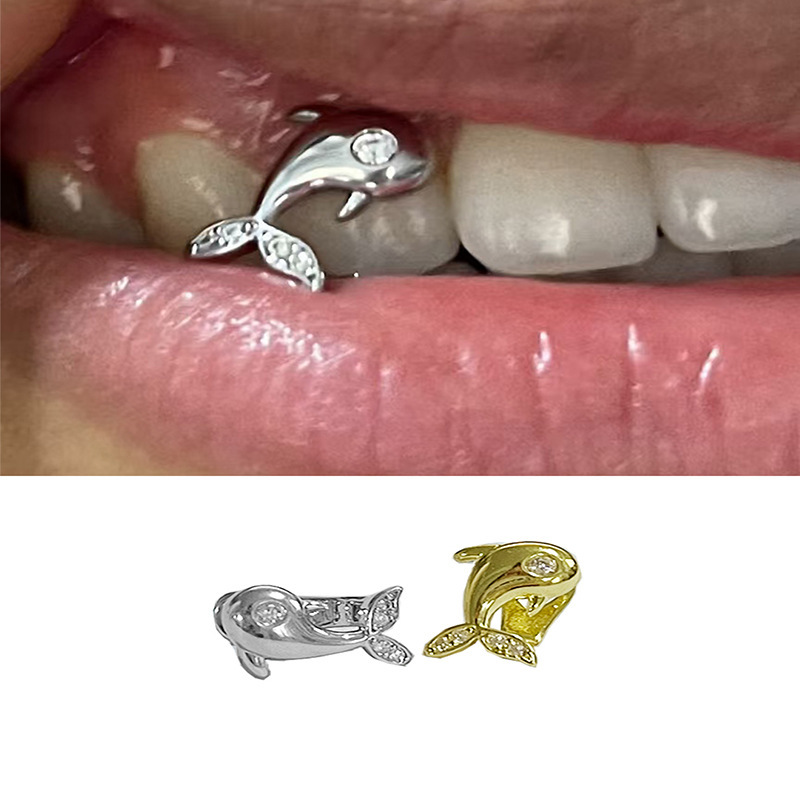 New skin cross-border bestseller Dolphin Zircon single teeth hip-hop braces, hip-hop teeth stage prop braces full figure