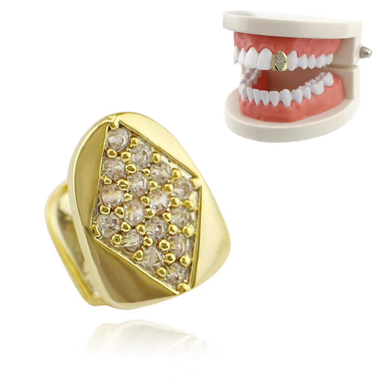 European and American cross-border diamond-shaped zircon 18k electroplated single hip-hop teeth set teeth grillz Halloween teeth full figure
