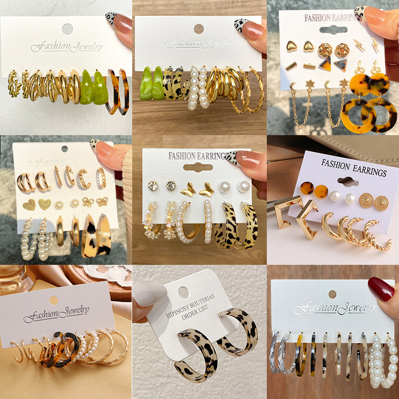 A new cross-border retro C-shaped earring set of 6 pairs of creative and personalized oil-dripping leopard print earrings and heart-shaped butterfly earrings Application Scenario