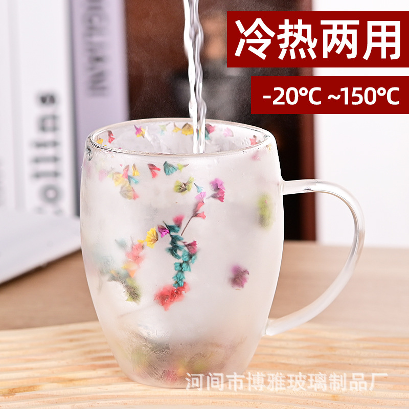 Wholesale of popular double-layered glass cups with real flowers, high appearance level souvenir glass cups, cross-border high borosilicate simple glass cups Specification drawing