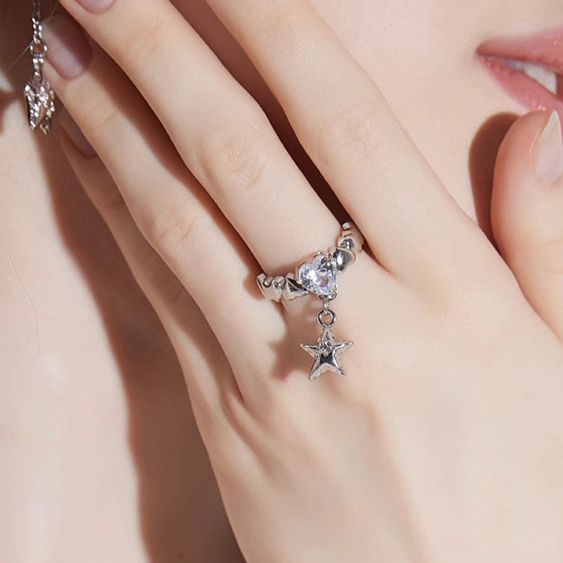 French gentle star pendant y2k Sweet and Cool Open ring, Girl's Hot girl heart Zircon niche design index finger ring details Picture