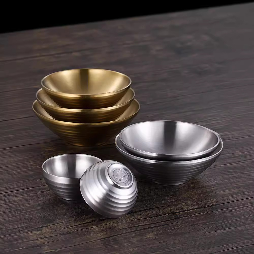 Double-layer insulated noodle bowl, flared ramen bowl, cold noodle bowl, spicy hot pot conical bowl, 304 stainless steel threaded large bowl details Picture