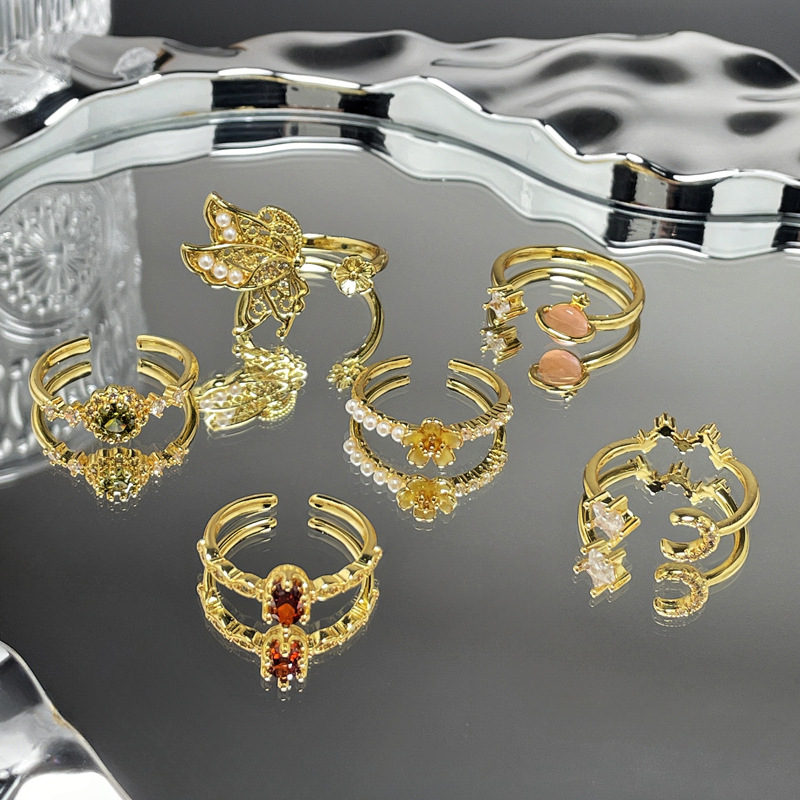 New collection of colored gemstone series: Cross-border French retro open ring, women's Instagram niche butterfly flower geometric food ring details Picture
