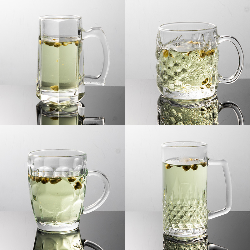 Glass cup, household cup, water cup set, beer mug, draft beer 500ml, large capacity, thickened with handle, teacup details Picture