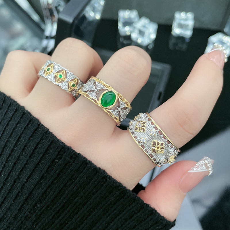 A mid-style retro brushed, hollowed-out and green diamond-encrusted elegant ring for women, with a high-end and fashionable touch that can be adjusted full figure