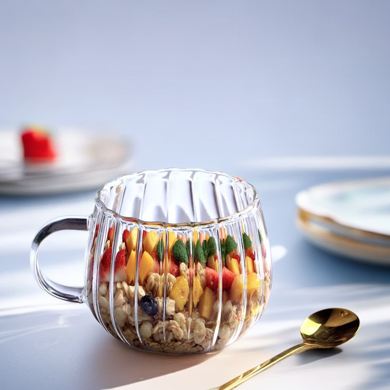 Vertical petal glass cup with handle, home milk oat flower tea cup, office tea and coffee drinking cup full figure