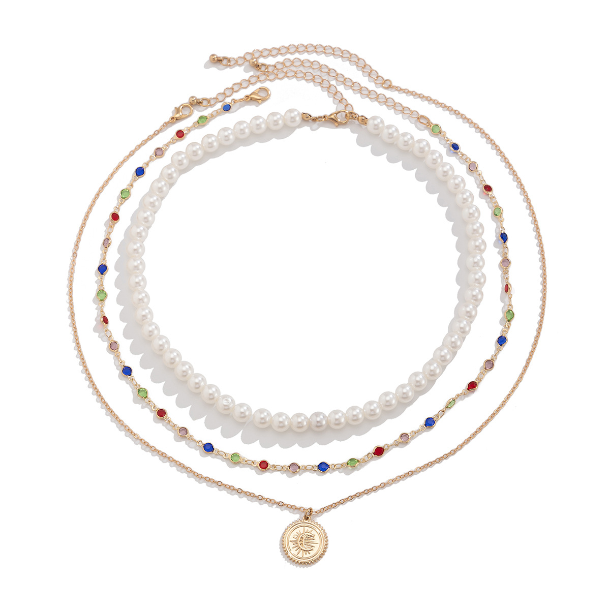 European and American cross-border jewelry, fashionable imitation pearl beaded multi-layer necklace, simple round plate alloy pendant, collarbone chain Item Picture