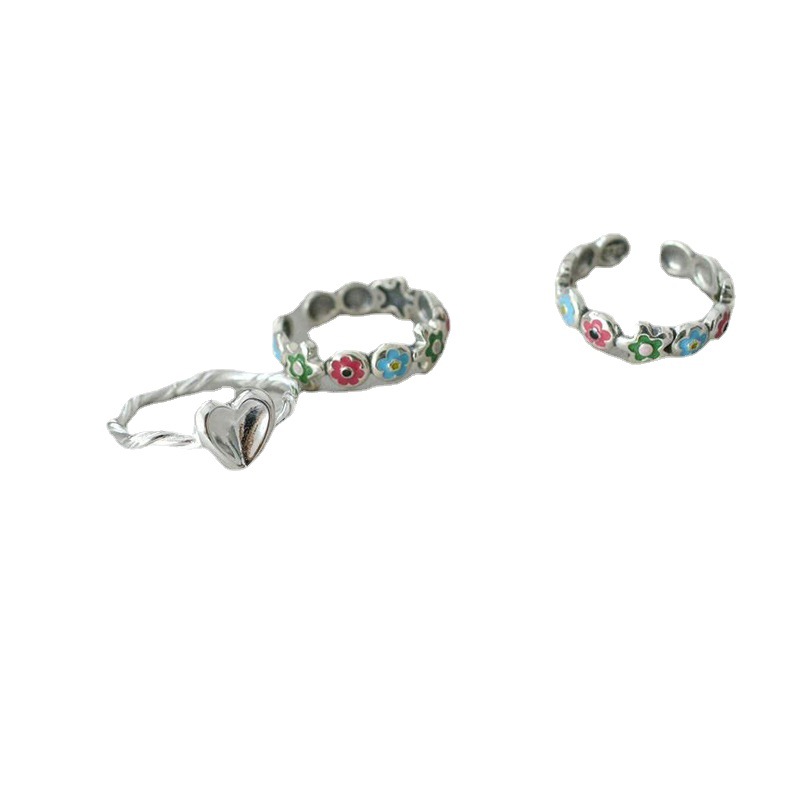 Sweet and cool layered colorful flower rings for women, retro and fashionable, simple and elegant heart-shaped twisted flower rings, exquisite and individual, open ring trend Item Picture