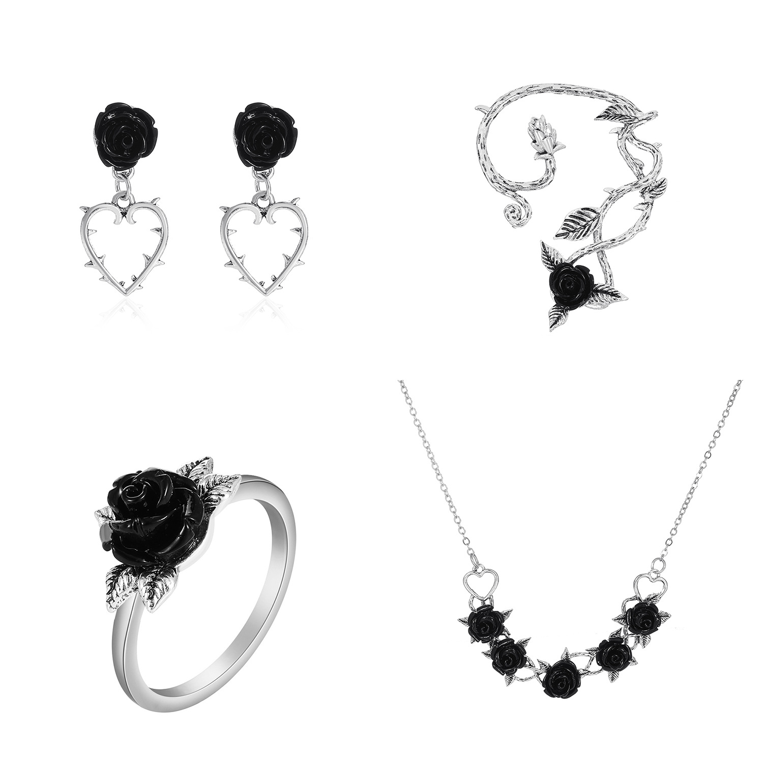 European and American cross-border simple rose necklace ring, retro simple three-dimensional flower ear clip and stud set for Valentine's Day Item Picture