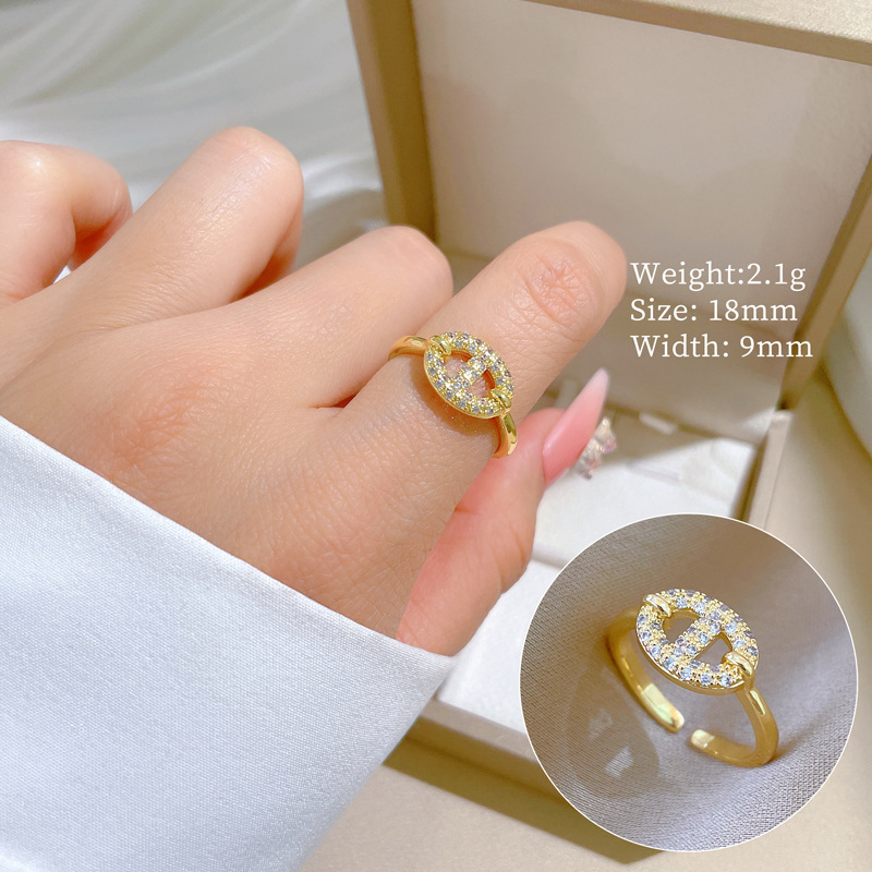 【 Real Gold 】 A simple Japanese-style couple ring with adjustable opening and a pig nose full diamond ring full figure