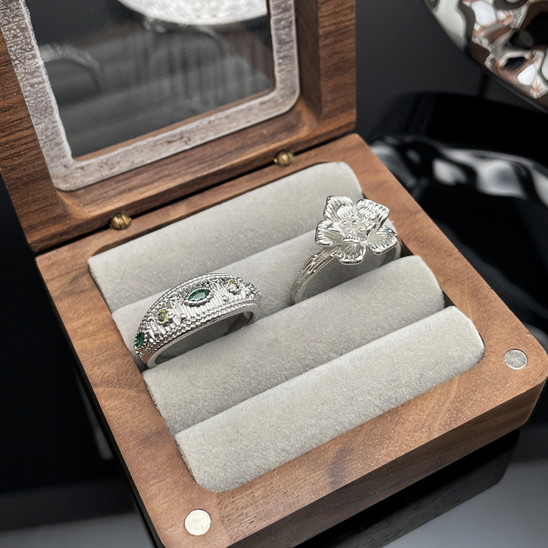 Retro French light luxury imitation colored gemstone brushed fashionable flower opening ring, a simple and elegant food ring for women with a sense of high-end Specification drawing