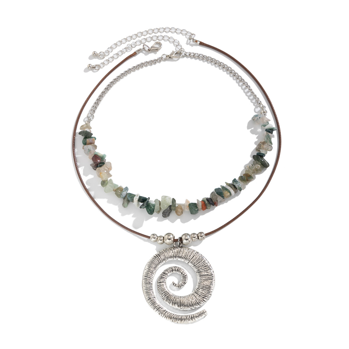 European and American cross-border jewelry, Bohemian striped spiral alloy necklace, retro leather wax rope pendant, collarbone chain Item Picture