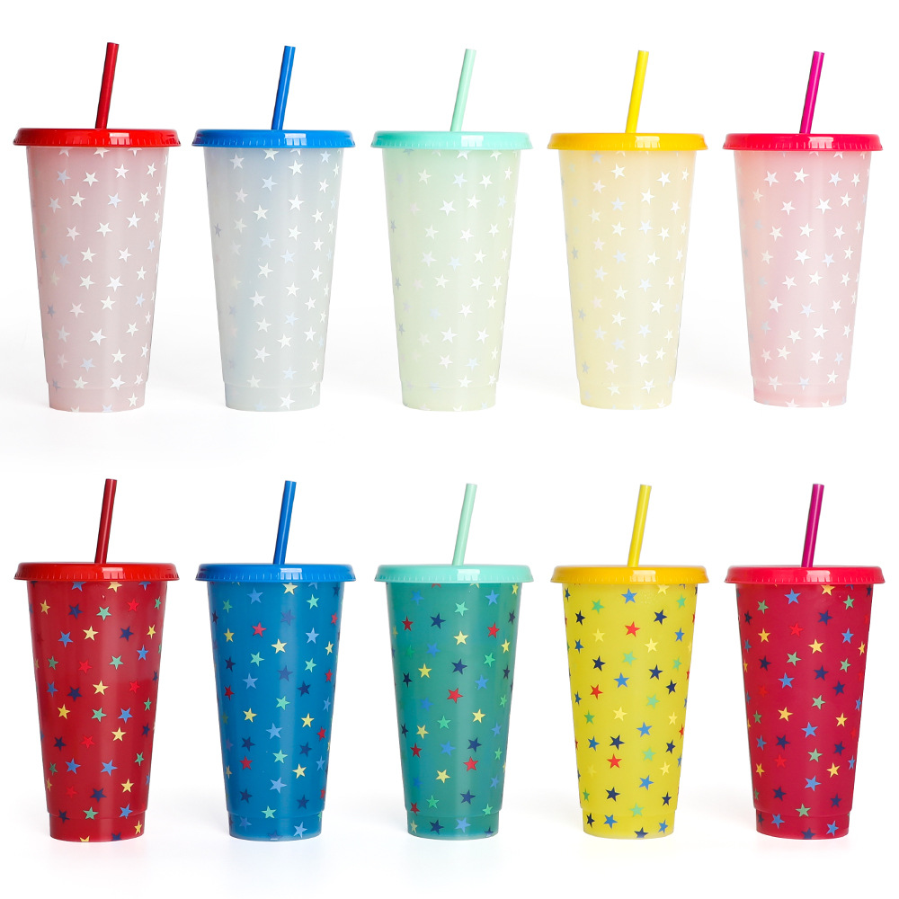 Factory direct supply of new temperature-sensitive plastic color-changing cups, single-layer beverage fruit tea cups that change color when cold, PP straw water cups full figure