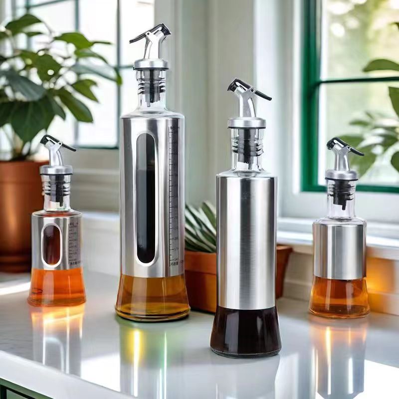 Household kitchen stainless steel glass oil bottle, leak-proof press-type olive oil pot, soy sauce and vinegar seasoning bottle details Picture