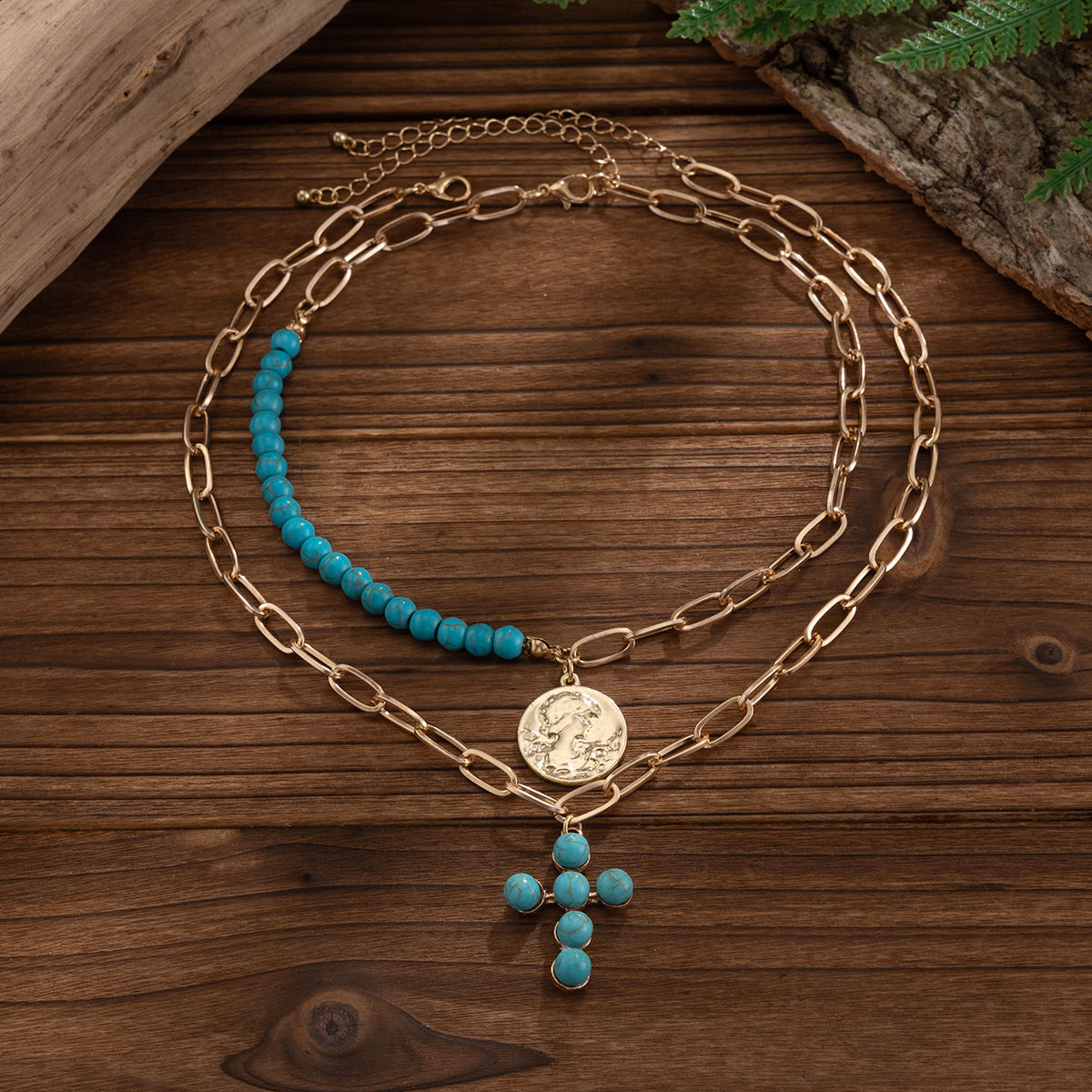 European and American cross-border jewelry fashion multi-layer turquoise imitation necklace set, hexagonal star alloy geometric collarbone chain Application Scenario