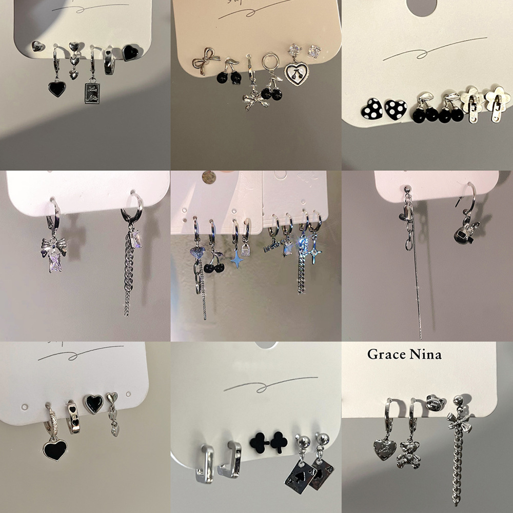 A six-piece set of Korean dark and cold style heart-shaped stud earrings and ear buckles, and trendy and stylish Instagram-style sweet and cool spicy girl earrings details Picture