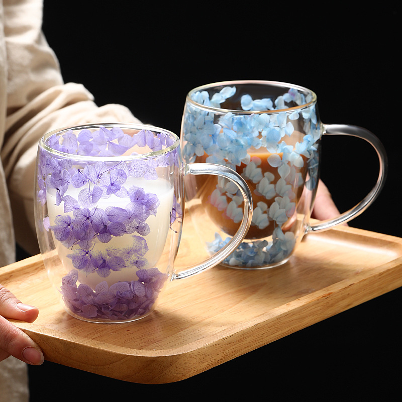 New product, popular petal new style cup, high appearance level, cross-border real flower double-layer glass cup, creative high borosilicate glass cup Specification drawing